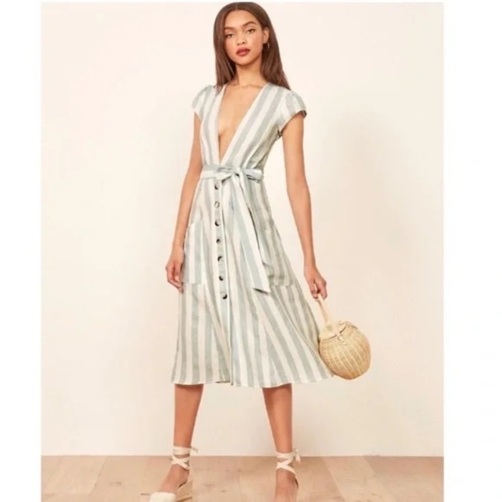 Reformation Bayu Striped 100% Linen Midi Dress Size 2